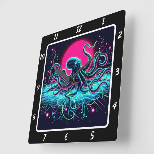 Neon Kraken Octopus Abyss Vierkante Klok (Hoek)