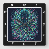Neon Kraken Octopus Vierkante Klok (Voorkant)