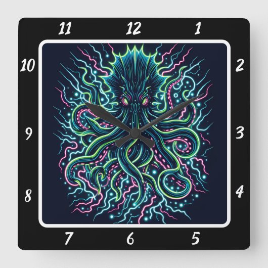 Neon Kraken Octopus Vierkante Klok (Voorkant)