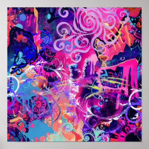 Neon Krullen Abstracte Kunst Psychedelisch Roze Poster