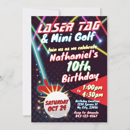 Neon Laser Label en minigolf verjaardagsuitnodigin Kaart (Voorkant)