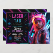 Neon Laser Tag Birthday Photo Invitation Kaart (Voorkant / Achterkant)
