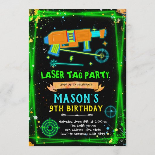 Neon Laser Tag jongens thema uitnodiging (Voorkant)