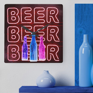 Neon LED Beer Sign Red Vierkante Klok