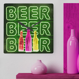 Neon LED Bierbord Groen Vierkante Klok