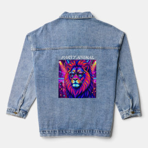 Neon Leeuw Feestbeest – Kleurrijk Retro Grafisch K Denim Jacket