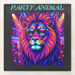 Neon Leeuw Feestbeest – Kleurrijk Retro Grafisch K Glazen Onderzetter