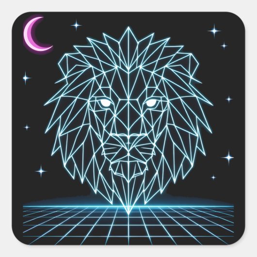 Neon Leeuw Synthwave - Retro Koning Roofdier Vierkante Sticker (Voorkant)