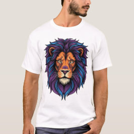 Neon Leeuwenkop Paarse Blauwe Manen Felle T-Shirt