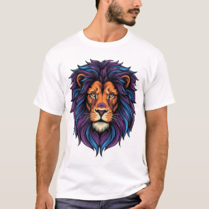 Neon Leeuwenkop Paarse Blauwe Manen Felle T-Shirt