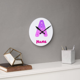 Neon Letter A Monogram Glanzend Paars Roze Initiaa Ronde Klok