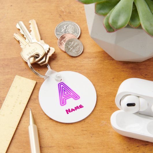 Neon Letter A Monogram Glanzend Paars Roze Initiaa Sleutelhanger (Bureau)