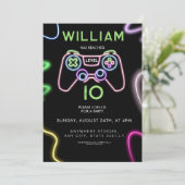 Neon level omhoog 10 video Game Verjaardagsfeestje Kaart (Staand voorkant)