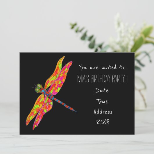 Neon libel jong meisje verjaardagsfeest kaart (Staand voorkant)