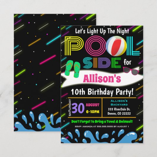 Neon licht de uitnodiging van de nachtpool op (Voorkant / Achterkant)