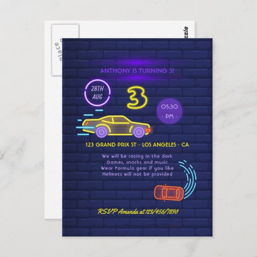 Neon licht Racing Auto jongen 3e verjaardagsfeestj Briefkaart (Voorkant / Achterkant)