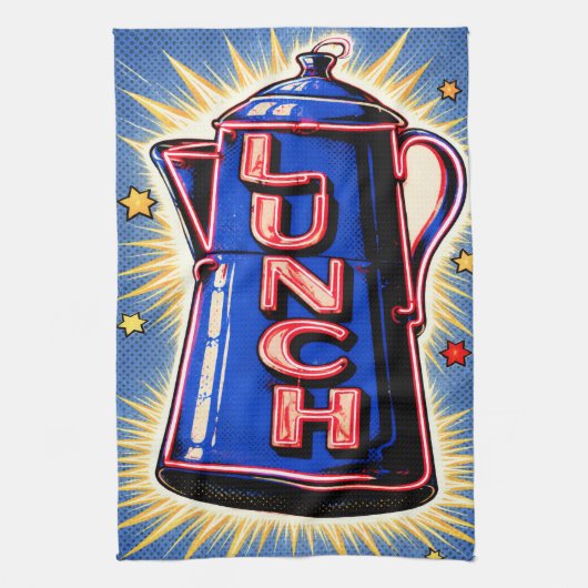Neon Lichtreclame, Koffiepot, Lunch, POP Art Stijl Theedoek (Verticaal)