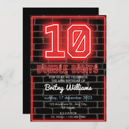 Neon Light 10e verjaardag uitnodiging (Voorkant / Achterkant)
