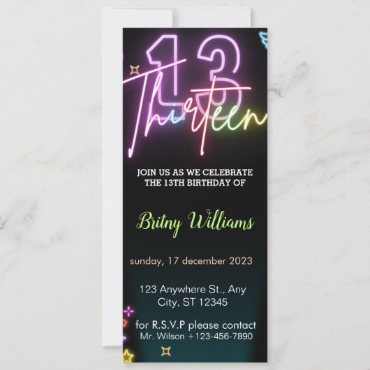 Neon Light 13e Verjaardagsuitnodiging voor Telefoo Kaart (Voorkant)