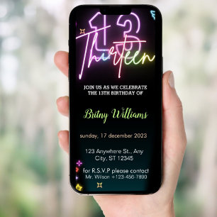 Neon Light 13e Verjaardagsuitnodiging voor Telefoo Kaart