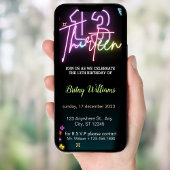 Neon Light 13e Verjaardagsuitnodiging voor Telefoo Kaart