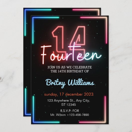 Neon Light 14e verjaardag uitnodiging (Voorkant / Achterkant)