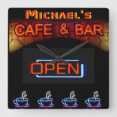 Neon Light BAR CAFE OPen Coffee Cups op maat Vierkante Klok (Voorkant)