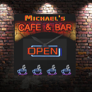 Neon Light BAR CAFE OPen Coffee Cups op maat Vierkante Klok