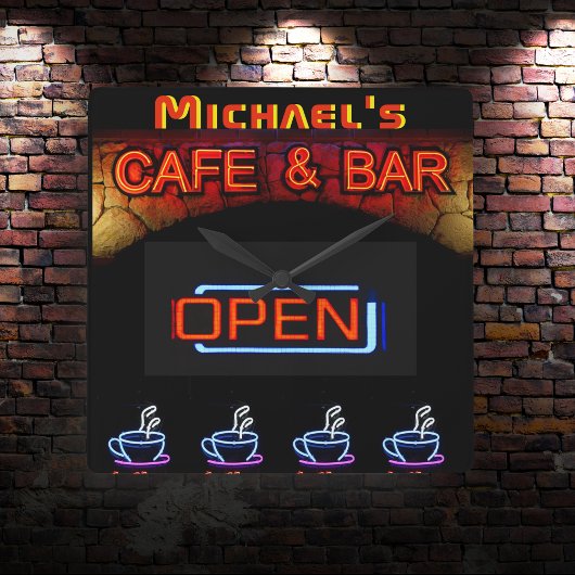 Neon Light BAR CAFE OPen Coffee Cups op maat Vierkante Klok