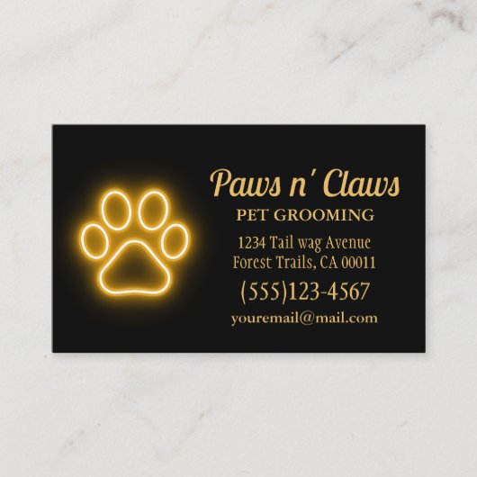 Neon Light Dog Paw Pet Grooming Visitekaartje (Voorkant)