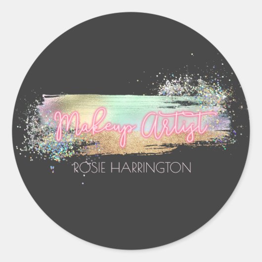 Neon Light Holographic Glitter Makeup Artist Busin Ronde Sticker (Voorkant)