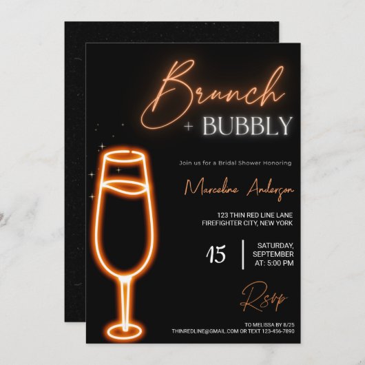 Neon Light Petals & Prosecco Brunch en Bubble Kaart (Voorkant / Achterkant)