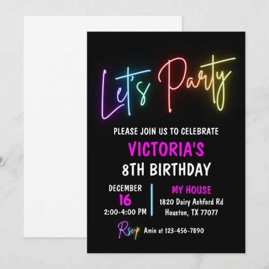 Neon Light Verjaardag Uitnodiging, Rainbow Party Kaart (Voorkant / Achterkant)