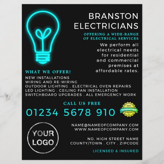 Neon Lightbulb, elektricien Adverteren Flyer (Voorkant)