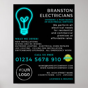 Neon Lightbulb, elektricien Adverteren Poster