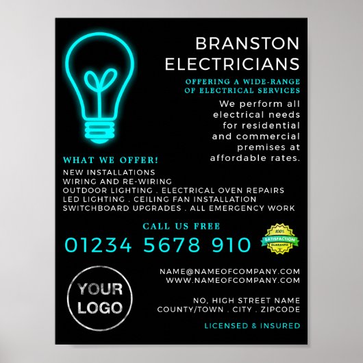 Neon Lightbulb, elektricien Adverteren Poster (Voorkant)