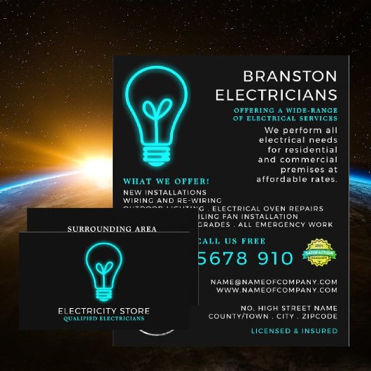 Neon Lightbulb, elektricien Visitekaartje