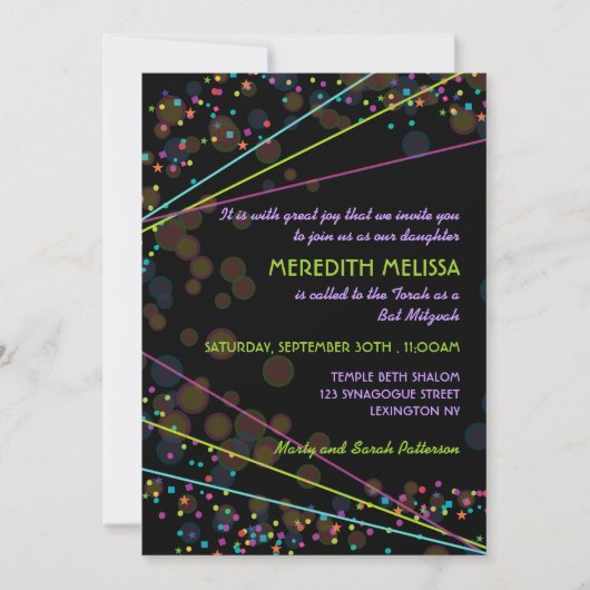 Neon Lights Bat Mitzvah Ceremony Invitation Kaart (Voorkant)