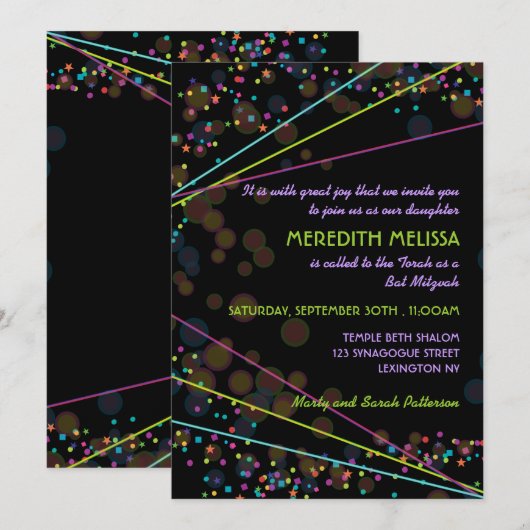 Neon Lights Bat Mitzvah Ceremony Invitation Kaart (Voorkant / Achterkant)