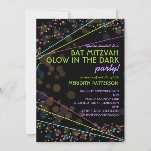 Neon Lights Bat Mitzvah Glow in de Donkere partij Kaart (Voorkant)