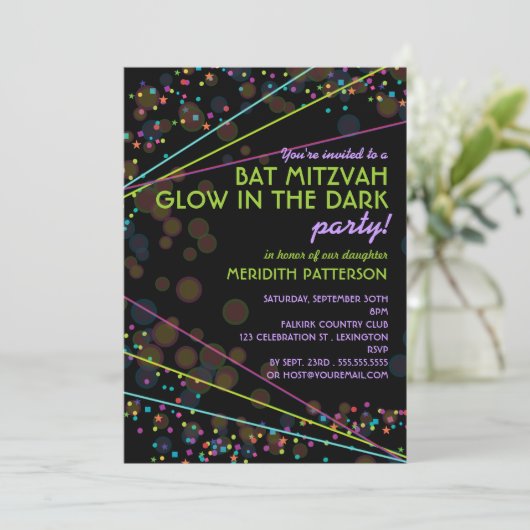 Neon Lights Bat Mitzvah Glow in de Donkere partij Kaart (Staand voorkant)