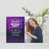 Neon Lights Birthday Invitation Photo Design Kaart (Staand voorkant)