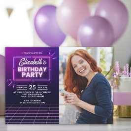 Neon Lights Birthday Invitation Photo Design Kaart