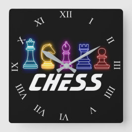 Neon Lights Chess Piecks Vierkante Klok