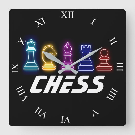 Neon Lights Chess Piecks Vierkante Klok (Voorkant)