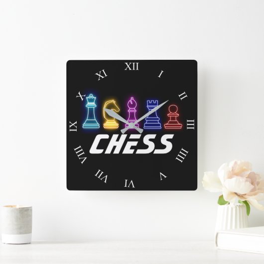 Neon Lights Chess Piecks Vierkante Klok (Huis)