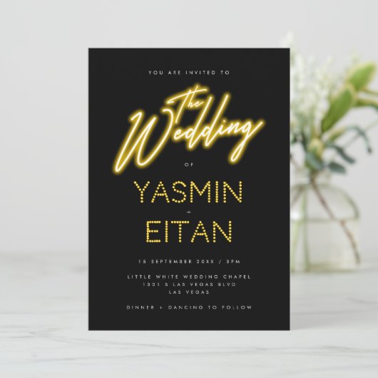 Neon Lights Geel Zwart Casual bruiloft Kaart (Staand voorkant)