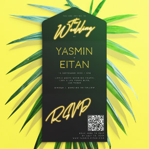 Neon Lights Geel Zwart QR Code Trouwen All In One Uitnodiging