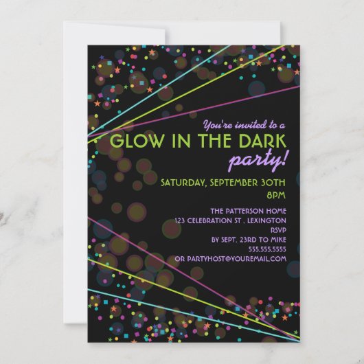 Neon Lights Glow in the Dark Party Invitation Kaart (Voorkant)
