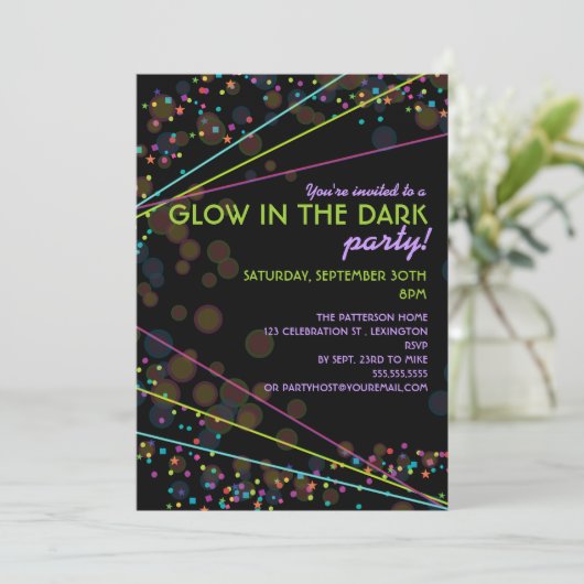 Neon Lights Glow in the Dark Party Invitation Kaart (Staand voorkant)